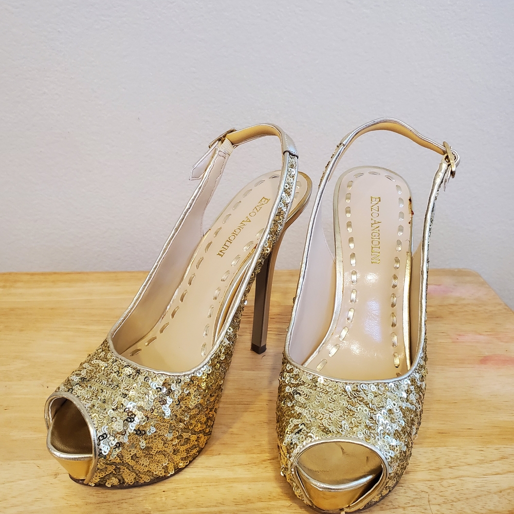 Enzo Angiolini Gold Sequin Peep-Toe Heels